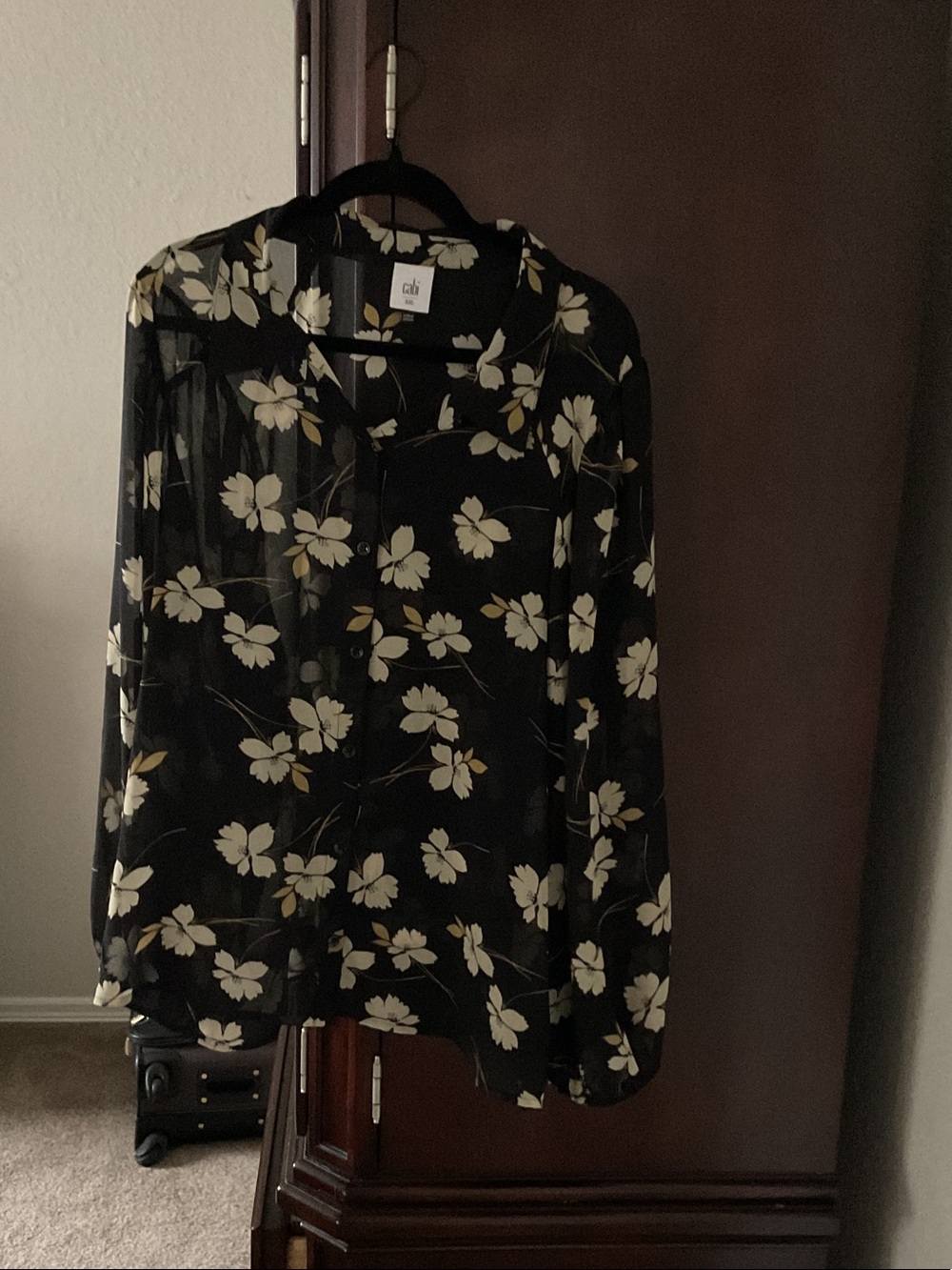 CAbi Black Floral Button-Down Sheer Blouse